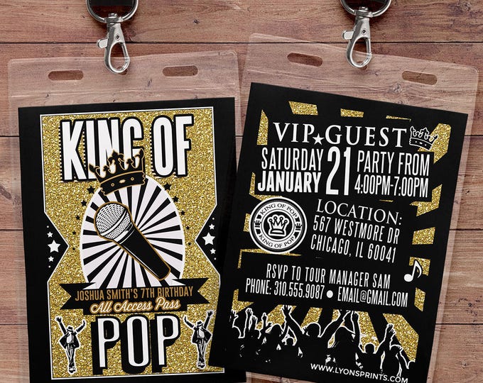 King of pop, Hip Hop, VIP PASS, backstage pass, Vip invitation, birthday invitation, pop star, lanyard, Rock Star birthday