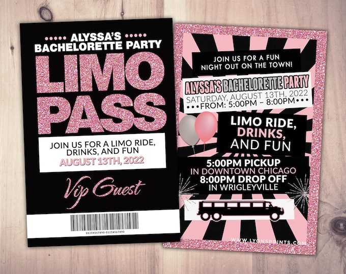 VIP Pass, Limo pass, Bachelorette party, Hen Party, 21st birthday, backstage pass, cocktail party, birthday invitation, wedding, party bus