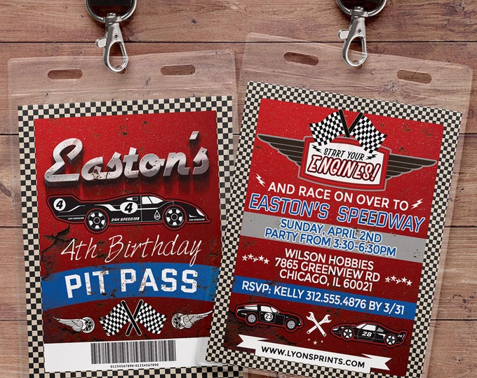 Retro Race Car Invitation, Vintage Race Car Invite, Race Car Birthday, VIP pass, hot rod, boy birthday, car invitation, motorcycle