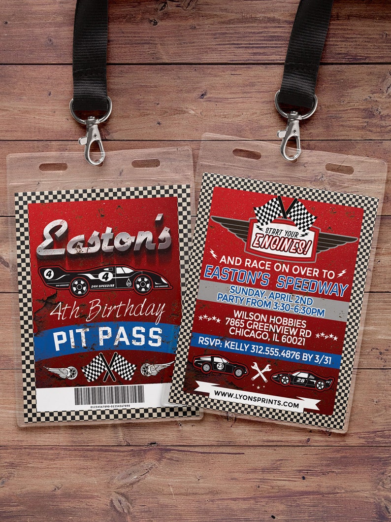 May include: Two clear plastic badge holders with black lanyards. Each badge features a red and black racing theme with the text "Easton's 4th Birthday Pit Pass" and "Easton's Speedway" with event details. Checkered flag and car graphics.
