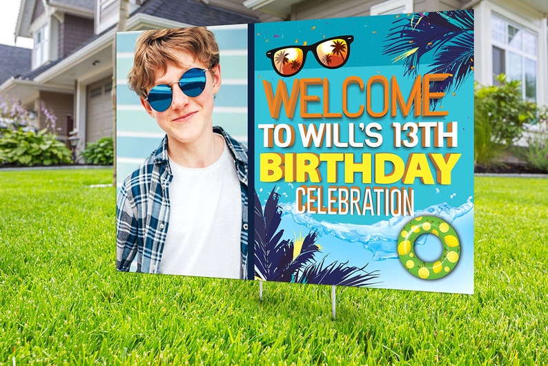 Pool party lawn sign, Digital file only, yard sign, social distancing drive-by birthday party, car birthday parade quarantine party, summer BLUE-PHOTO