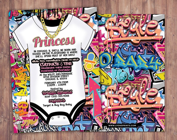 Prince, Baby Shower, Throwback shower, Hip Hop, 90s, Push it shower, Graffiti invite, Fresh, 90s party, hip hop theme, digital invite