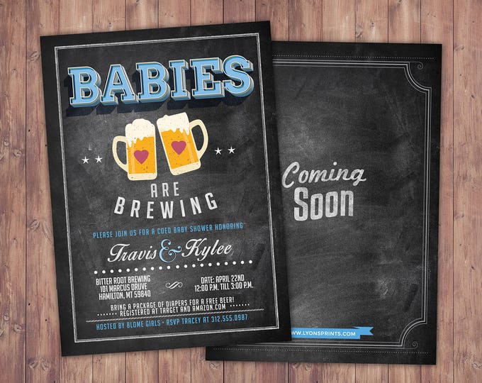 Baby is brewing, Twins, Coed baby shower invitation- Beer baby shower invitation- couples baby shower - girl baby shower - gender reveal