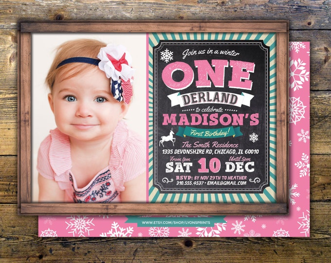 First birthday invitation - First birthday chalkboard invitation - winter ONEderland- 1st birthday party invitation - Chalkboard printable