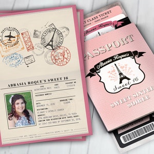 PASSPORT und TICKET Einladung, Reise-Geburtstags-Party-Einladung - Paris, Eiffelturm, erster Geburtstag, Sweet 16, nur digitale Dateien