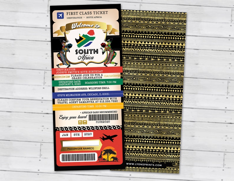 South Africa Passport South African Birthday travel invitation Digital files only PASSPORT and TICKET Birthday invitation