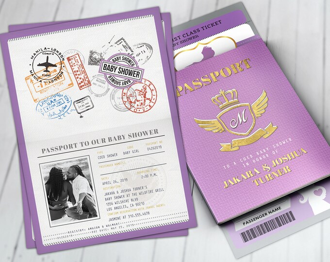 PASSPORT and TICKET baby shower invitation, Coed baby shower invitation- travel baby shower invitation- couples baby shower, Digital files