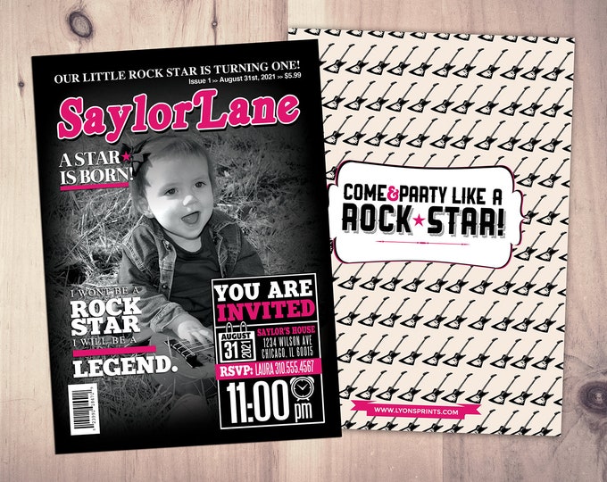 Rock Star magazine theme birthday invitation, rockstar, baby shower, rock star party, rock n roll, pop star, hip hop, guitar