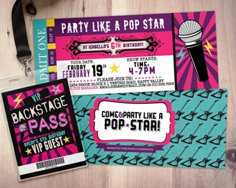 Pop star, RockStar concert ticket birthday party invitation- Music invitation- printable, rockstar party, pop star, karaoke party,