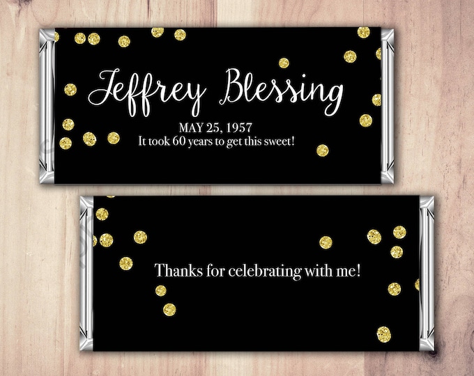 Candy bar wrapper, wedding favor, candy favor, party favor, thank you, gift, wedding, party supplies, sticker, label, tag, confetti, gold