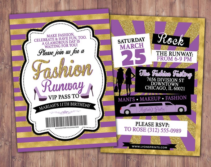 Rock the Runway, ticket birthday party invitation- popstar invitation-  rockstar party, fashion birthday, zebra print, high fashion, runway