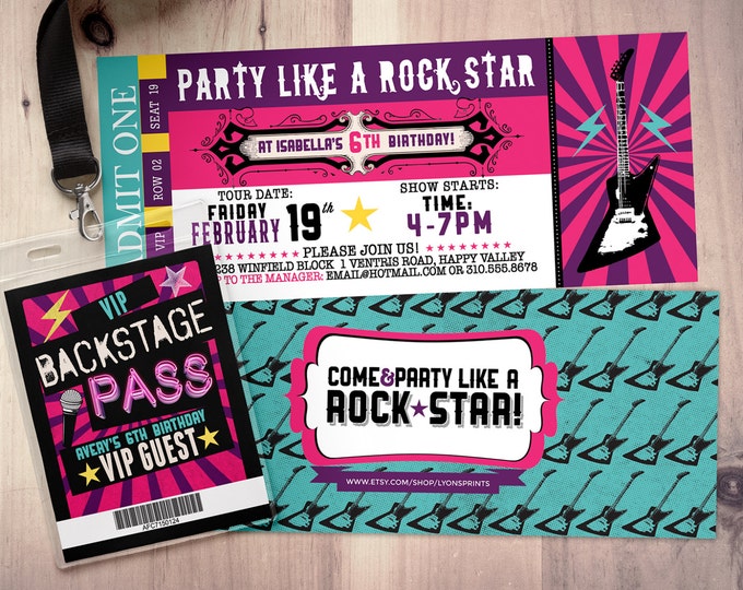 ROCK STAR concert ticket birthday party invitation- Music invitation- printable, rockstar party, pop star, karaoke party, hip hop, invite