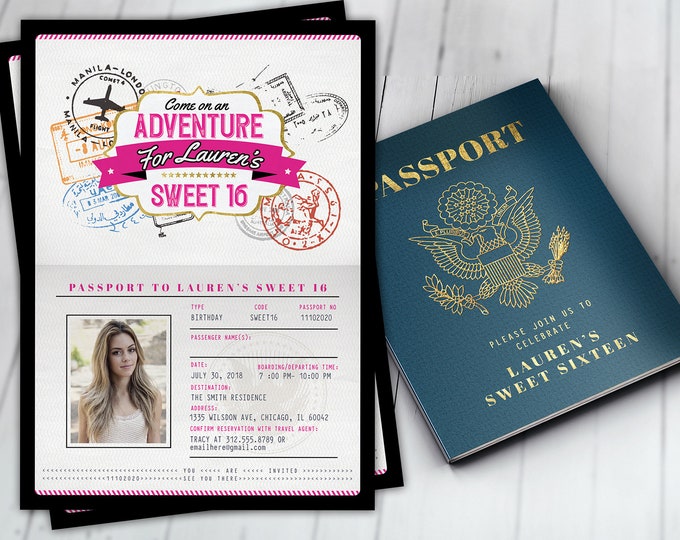 ANY AGE, Sweet 16, birthday invitation, travel invitation, destination, passport invitation, birthday invitation, travel theme,Digital files