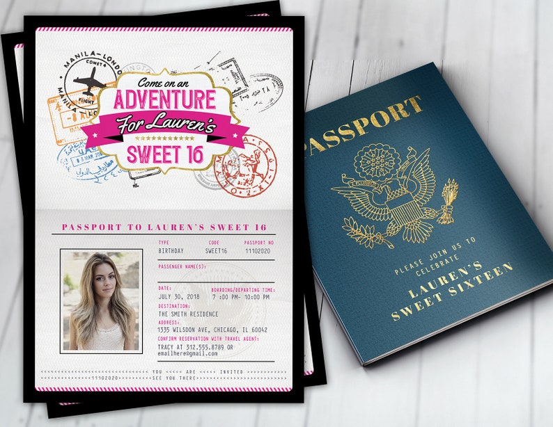 ANY AGE, Sweet 16, birthday invitation, travel invitation, destination, passport invitation, birthday invitation, travel theme,Digital files image 1