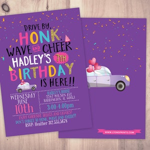 Drive by birthday parade invitation, social distancing drive-by birthday party invite, car birthday parade, quarantine party, digital file PURPLE-GRAPHIC