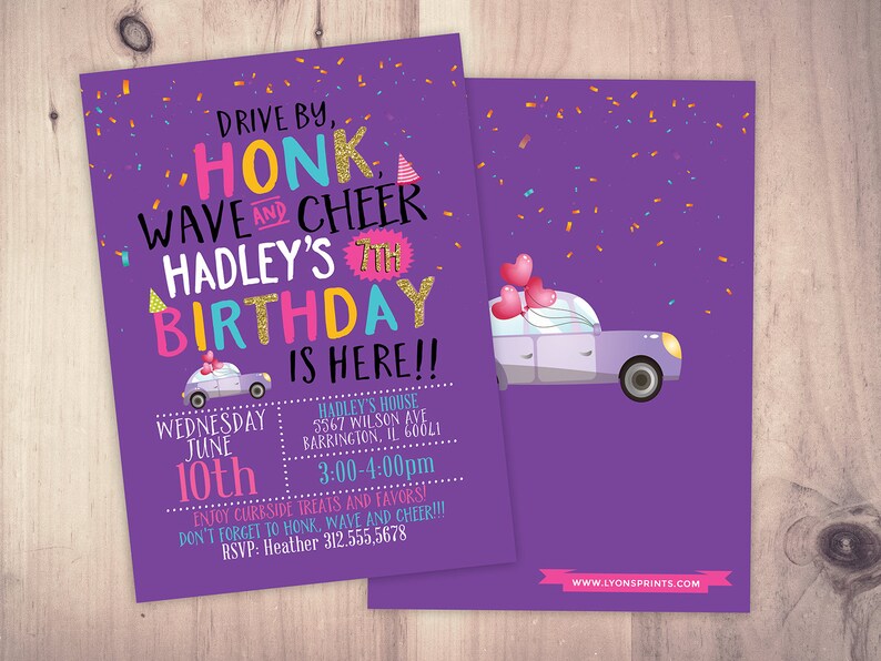 Drive by birthday parade invitation, social distancing drive-by birthday party invite, car birthday parade, quarantine party, digital file PURPLE-GRAPHIC