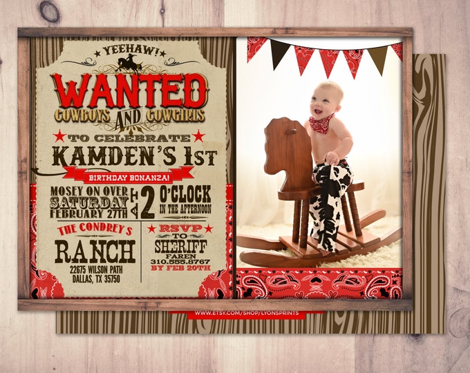 Vintage Cowboy Invitation, boy birthday, cowgirl, rodeo, western invitation, retro, wanted poster, rodeo poster, cowgirl, horse, invite