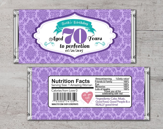 Birthday Candy Bar Wrappers - Gold, Silver Adult Milestone Favors 30th, 40th, 50th, 60th, 70th, 80th Any Age, vintage, party favor, gift