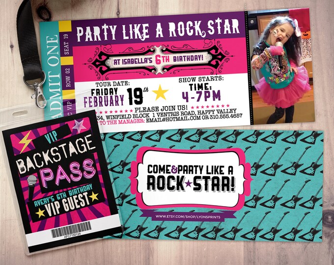 ROCK STAR concert ticket birthday party invitation- Music invitation- printable, rockstar party, pop star, karaoke party, hip hop, invite
