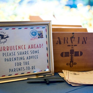 Panneau et carte conseils, Carte postale, panneau de table, Precious Cargo, Baby Shower, avion vintage, jeu de douche