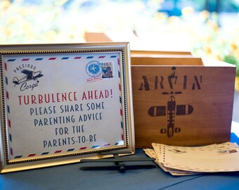 Advice sign and card, Post card, table sign,  Precious Cargo,  Baby Shower, vintage airplane, shower game