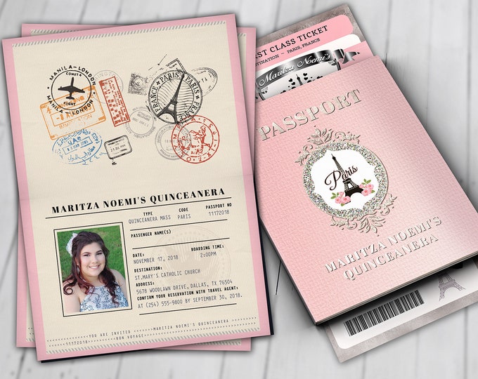 PASSPORT and TICKET, Sweet 16, Quinceanera invitation Girl birthday party, travel birthday party invitation- Paris, Digital files only