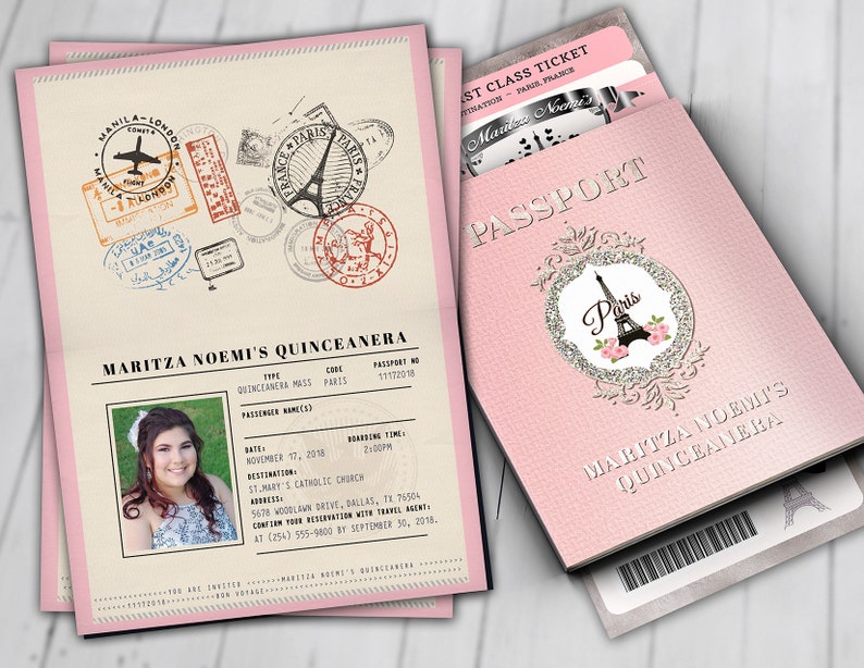 PASSPORT and TICKET, Sweet 16, Quinceanera invitation Girl birthday party, travel birthday party invitation Paris, Digital files only PINK-SILVER