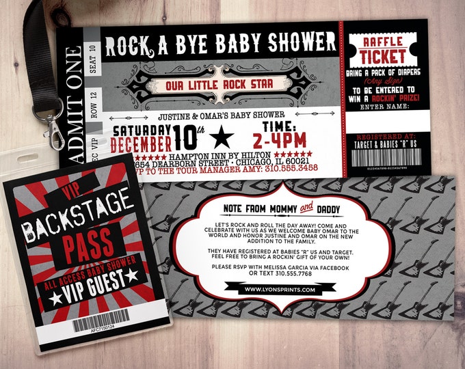 Rockstar baby shower invitation, Coed baby shower invitation, Rockabye baby shower, ticket invitation, rockstar baby