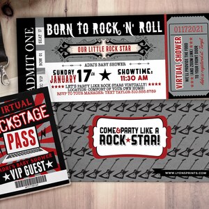 Puede incluir: Un boleto en blanco y negro con acentos rojos para una baby shower virtual con el tema "Born to Rock 'N' Roll". El boleto dice "Adri's Baby Shower" y "January 17th". El boleto también incluye un pase virtual detrás del escenario con una computadora portátil y el texto "VIP Guest".