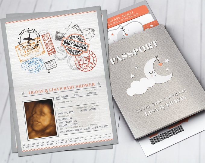 PASSPORT and TICKET baby shower invitation, Twinkle, Twinkle little star- travel baby shower invitation- Digital files Only