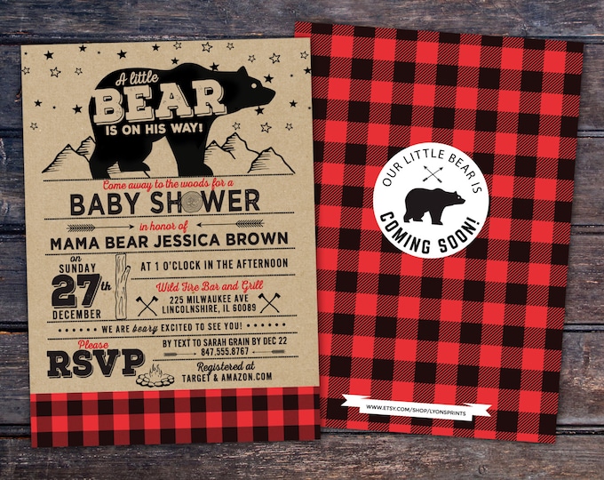 Lumberjack Baby Shower Invitation, digital file only, Buffalo Plaid Woodland Baby Shower Invitation, Lumberjack Invite, Gender Neutral, Bear