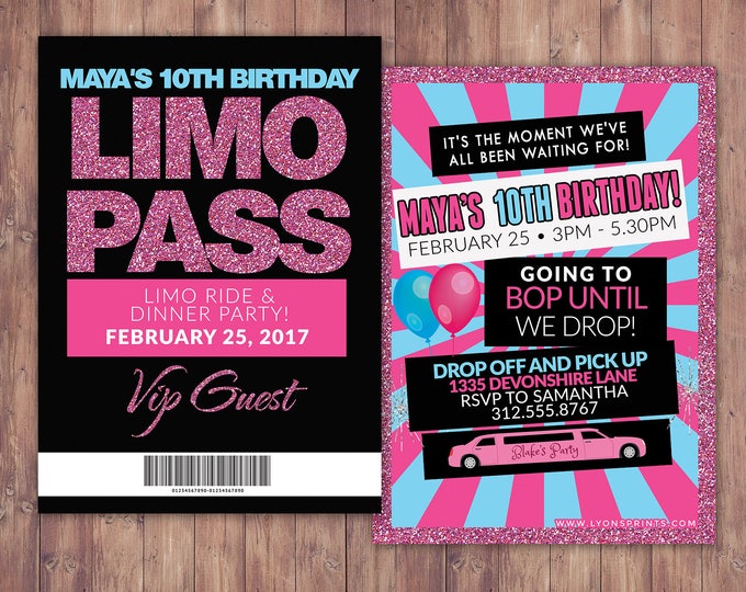VIP PASS, Limo pass, Birthday party, 21st birthday, backstage pass, cocktail party, birthday invitation, Holiday party, bachelor, party bus