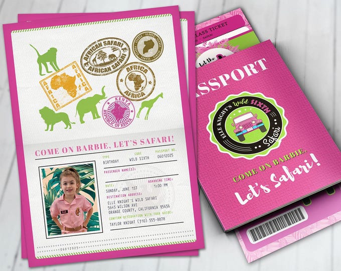 Passport invitation, Jungle Invitation, Jungle invite, Safari invitation, Safari Invite, Watercolors, Wild One, Elephant, Lion,