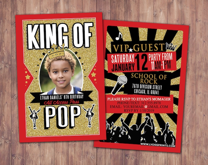King of pop, Queen of pop, Hip Hop, VIP PASS, backstage pass, Vip invitation, birthday invitation, pop star, lanyard, Rock Star birthday,