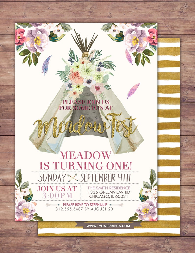 Teepee Birthday Invitation, ticket invitation, pow wow, BOHO, Tribal, first birthday, 1st birthday, Gold glitter, music festival, RockStar image 1