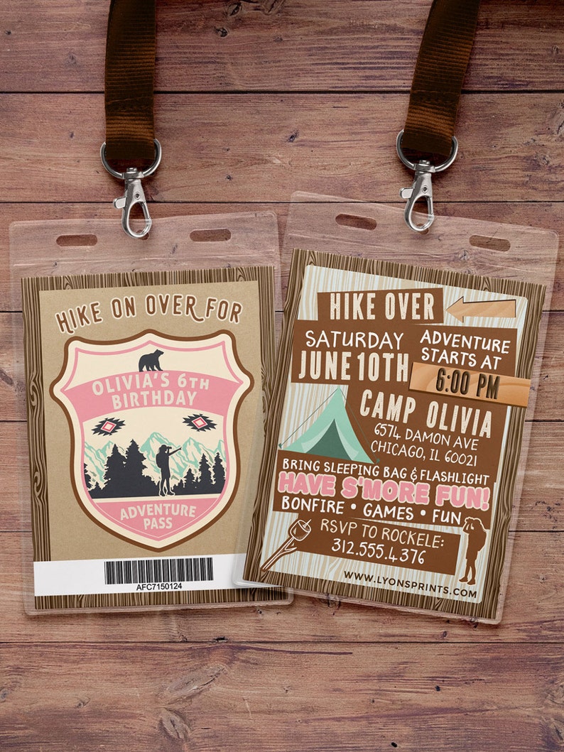 May include: A brown and pink camping-themed birthday party invitation with a bear, a tent, and the text "HIKE OVER" and "SATURDAY JUNE 10TH".