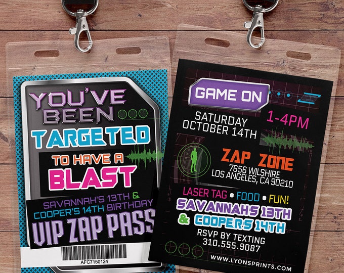 Laser tag invitation,  VIP pass birthday invitations for laser tag party,  Boy's birthday party invitation,  laser gun, arcade invite