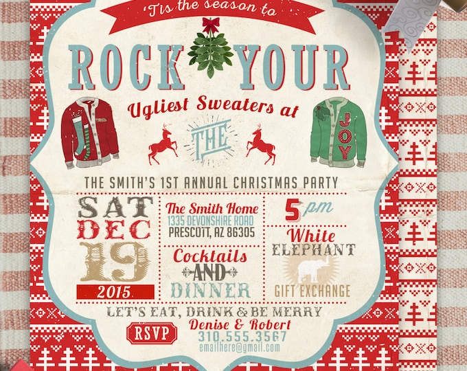 Ugly sweater party, Christmas, Holiday party invitation, Christmas invitation, holidays, Christmas party, cookie exchange, invite, santa,