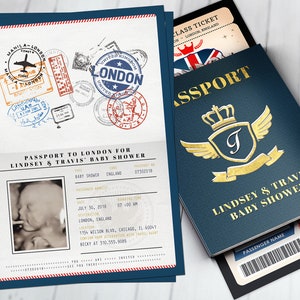 PASSPORT and TICKET, baby shower invitation- travel birthday invitation- London, Union Jack, England, British, Digital files only