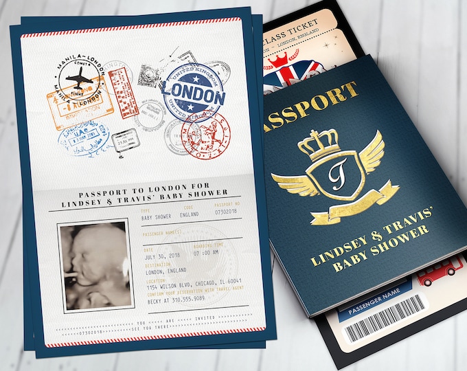 PASSPORT and TICKET, baby shower invitation- travel birthday invitation- London, Union Jack, England, British, Digital files only