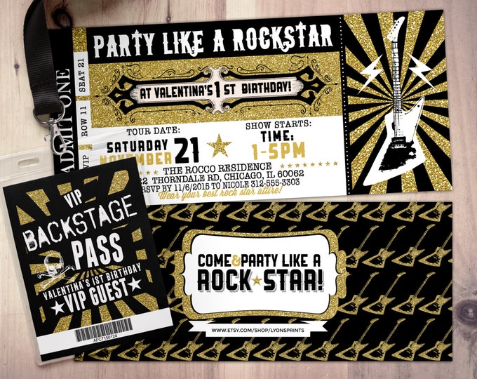 Rockstar  concert ticket birthday party invitation- Music invitation- photo card, printable, rockstar party, rock star invitation, VIP pass