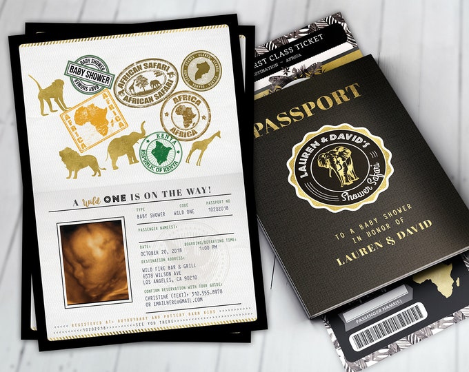 Passport invitation, Jungle Invitation, Jungle invite, Safari invitation, Safari Invite, Baby shower, Wild One, Elephant, Lion,