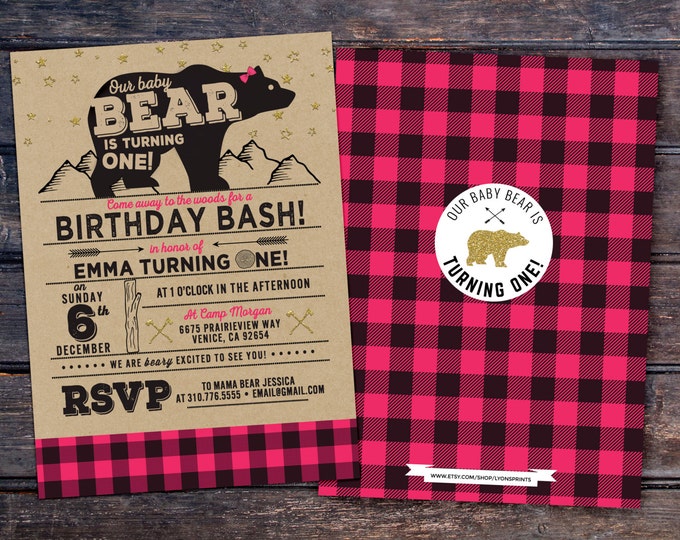 Lumberjack birthday Invitation, Buffalo Plaid Woodland Invitation, Lumberjack Invite, moose invite, bear invite, camping invitation