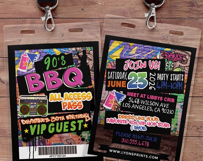 Hip Hop, BBQ, VIP PASS, backstage pass, Vip invitation, birthday invitation, pop star, lanyard, Graffiti, birthday, 90's party, Summer party