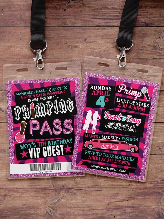 Spa party, primping, Pop star, Rock Star VIP pass, birthday party invitation- primp, rockstar party, pop star, karaoke party, Digital files Il_570xn