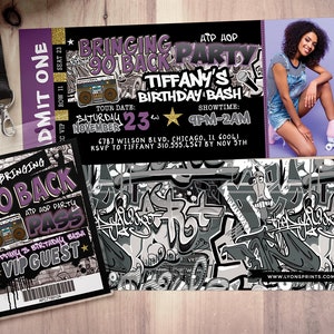 Hip hop birthday invitation, ticket invitation, Hip Hop party, throwback party, 90s invitation,, Graffiti invitation