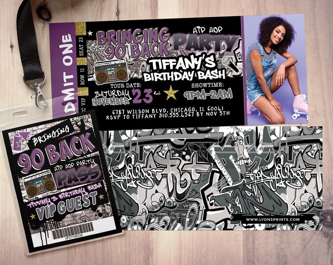 Hip hop birthday invitation, ticket invitation, Hip Hop party, throwback party, 90s invitation,, Graffiti invitation