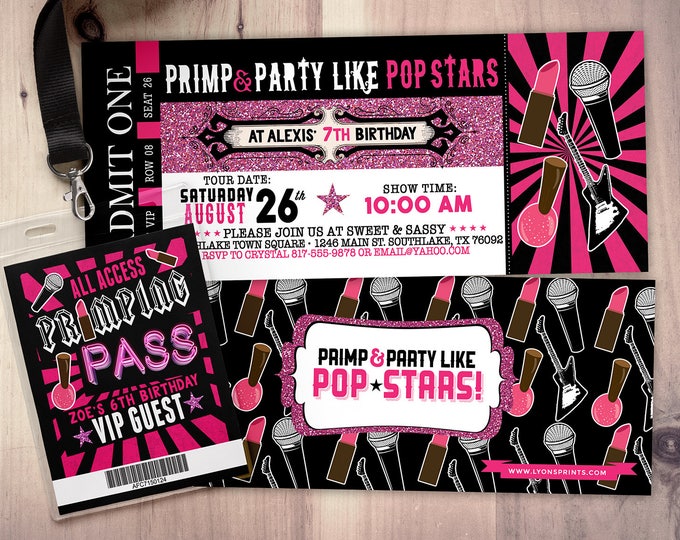 Spa party, Pop star, Rock Star concert ticket birthday party invitation- primp, rockstar party, pop star, karaoke party, girl birthday