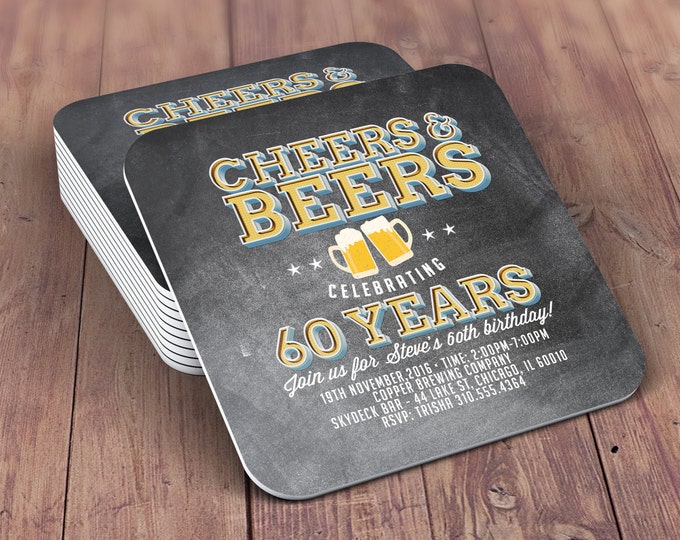 Digital logo file, Coaster, Cheers and Beers invitation, beer, 21st, 30th, 40th, 50th, 60th, 70th, Birthday Party, Surprise party, Milestone