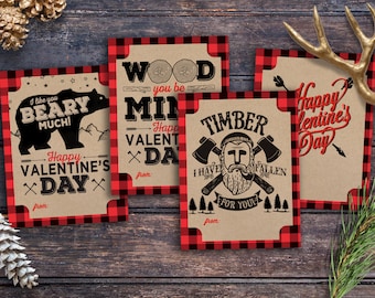 Set of 4 Designs, Lumberjack, Valentine cards printable - Valentine's Day, children's Valentine's, cards, animals, rustic Valentine